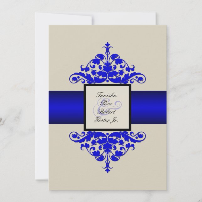 Ivory Black and Blue Damask Wedding Invitation (Front)