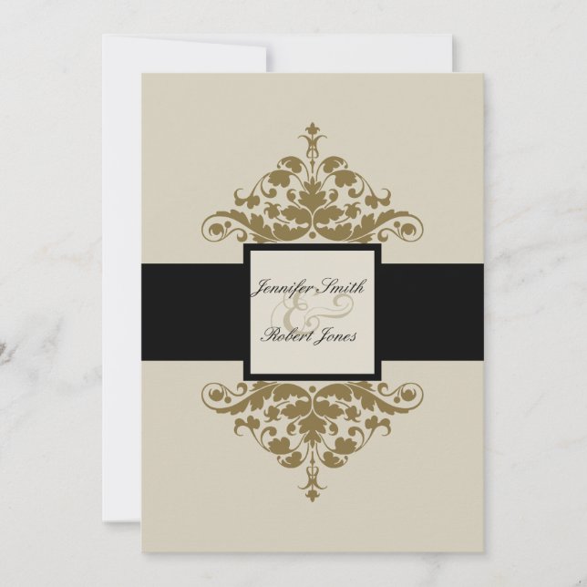 Ivory Black and Gold Damask Wedding Invitation (Front)