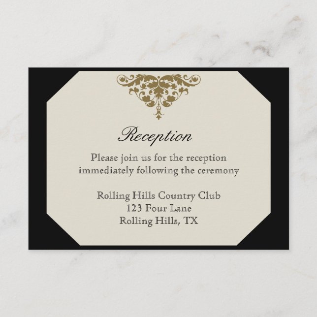 Ivory Black and Gold Damask Wedding Reception Enclosure Card (Front)