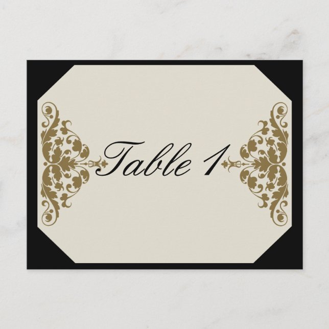 Ivory Black and Gold Damask Wedding Table Number Postcard (Front)