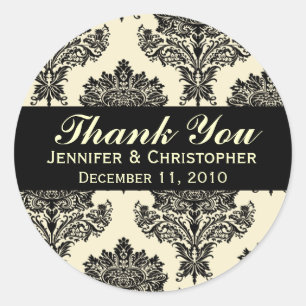 Ivory & Black Damask Round Wedding Labels