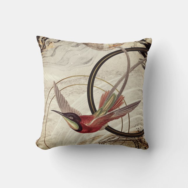 Ivory Black & Gold Artistic Hummingbird Cushion (Front)