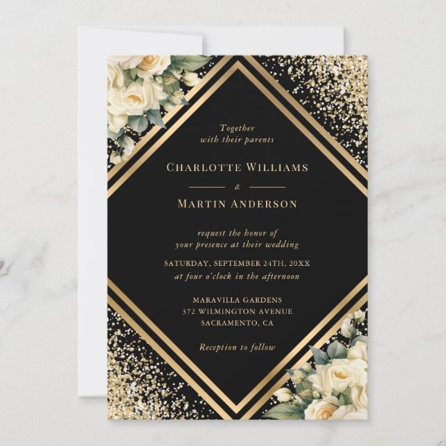 Ivory Black Gold Confetti Geometric Floral Wedding Invitation (Front)