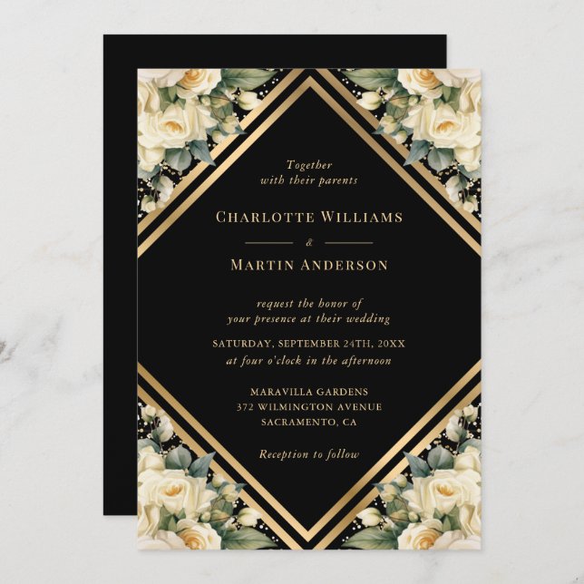 Ivory Black Gold Geometric Floral Wedding Invitation (Front/Back)