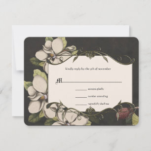 Ivory Black Green Copper Magnolia Wedding RSVP