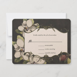Ivory Black Green Copper Magnolia Wedding RSVP