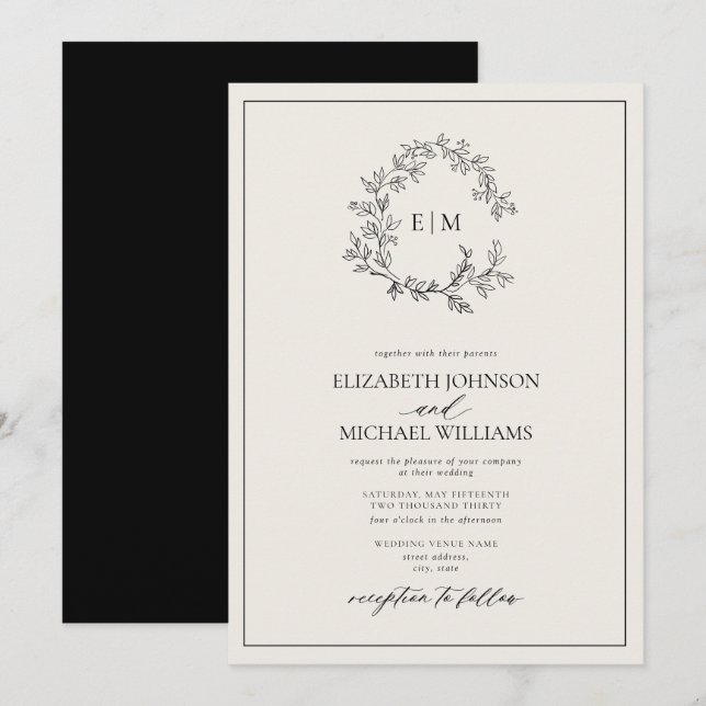 Ivory Black Leafy Crest Monogram Wedding Invitation (Front/Back)