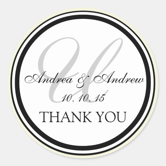 Ivory Black Monogram U Wedding Thank You Classic Round Sticker (Front)