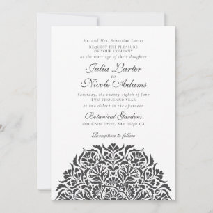 Ivory Black White Whimsical Floral Mandala Wedding Invitation