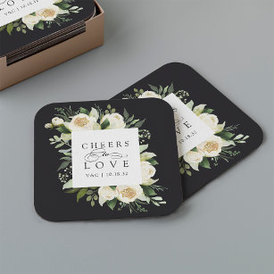 Ivory Bloom Floral Frame "Cheers to Love" Wedding Square Paper Coaster