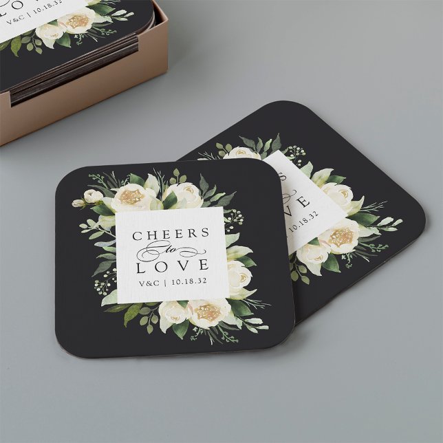 Ivory Bloom Floral Frame "Cheers to Love" Wedding Square Paper Coaster (Creator Uploaded)