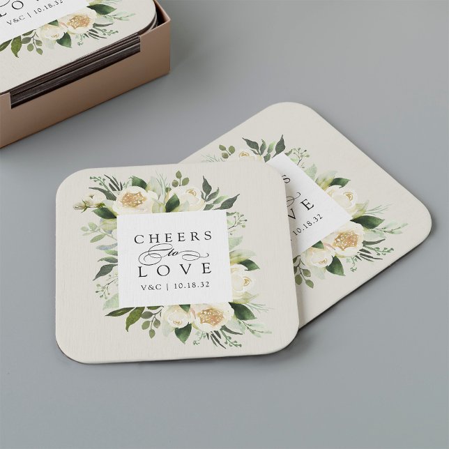 Ivory Bloom Floral Frame "Cheers to Love" Wedding Square Paper Coaster (Creator Uploaded)