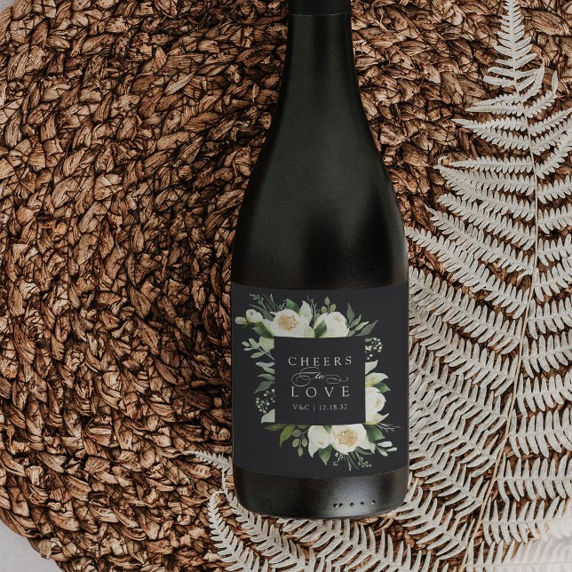 Ivory Bloom Floral Frame "Cheers to Love" Wedding Wine Label (Creator Uploaded)