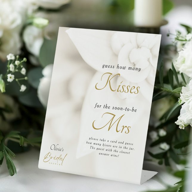 Ivory Bloom Gold Script Bridal Shower Kisses Game Pedestal Sign (Creator Uploaded)