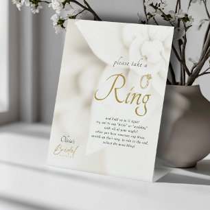 Ivory Bloom & Gold Script Bridal Shower Ring Game Pedestal Sign