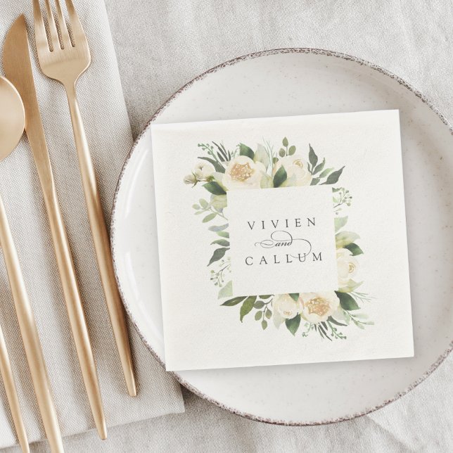 Ivory Bloom | Personalised Floral Frame Wedding Napkin (Creator Uploaded)