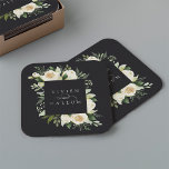 Ivory Bloom | Personalised Floral Frame Wedding Square Paper Coaster<br><div class="desc">Our Ivory Bloom watercolor floral wedding collection features delicately painted watercolor greenery,  eucalyptus foliage,  green botanical foliage and white and ivory peony flowers. Personalise these custom coasters with your names,  joined by a decorative script accent.</div>