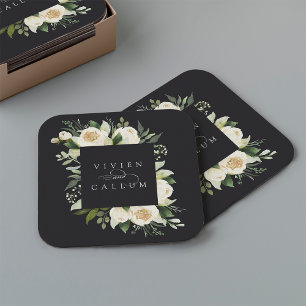 Ivory Bloom Personalised Floral Frame Wedding Square Paper Coaster