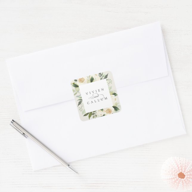 Ivory Bloom | Personalised Floral Frame Wedding Square Sticker (Envelope)
