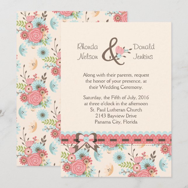 Ivory, Blue and Coral Floral Wedding Invitation (Front/Back)