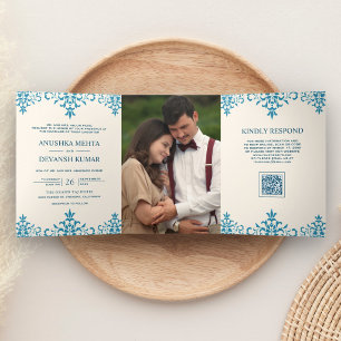 Ivory Blue Damask Ethnic QR Code Indian Wedding Tri-Fold Invitation
