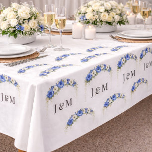 Ivory Blue Floral Wedding Monogram Bride Groom Fabric