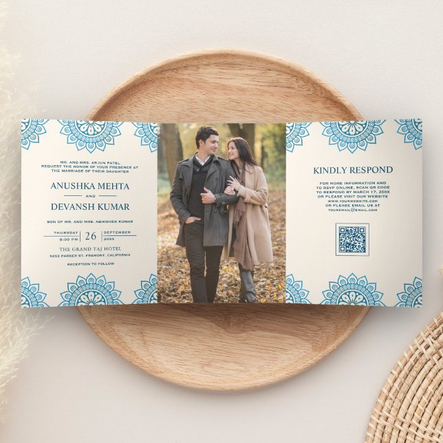 Ivory Blue Mandala Ethnic QR Code Indian Wedding Tri-Fold Invitation (Creator Uploaded)
