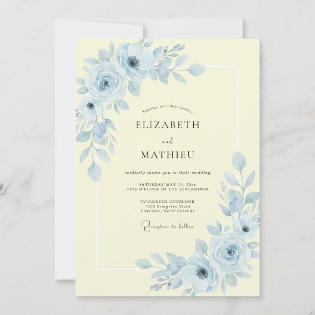 Ivory Blue Romantic Floral Wedding Invitation (Front)