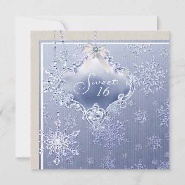 Ivory Blue White Snowflake Sweet Sixteen Birthday Invitation (Front)