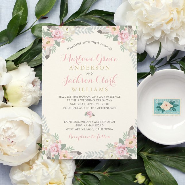 Ivory Blush Floral Border Wedding Invitation (Creator Uploaded)