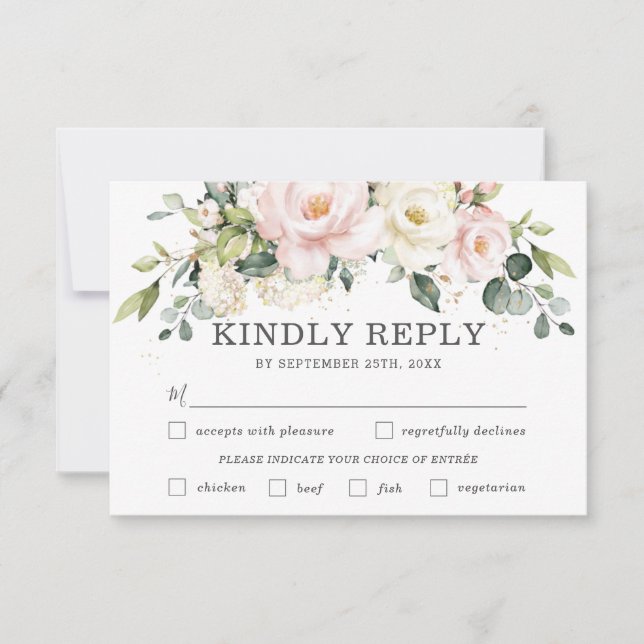 Ivory Blush Floral Wedding Meal Choice RSVP Card (Front)