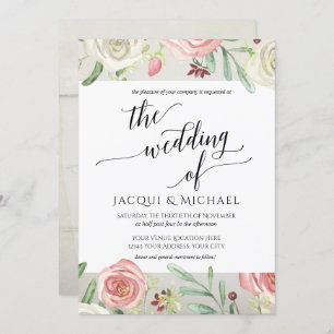 Ivory Blush Floral Wedding Roses Wooden Plank Invitation