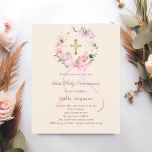 Ivory blush florals bow First Communion invitation