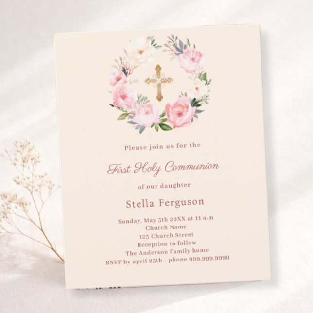 Ivory blush florals First Communion invitation (Creator Uploaded)