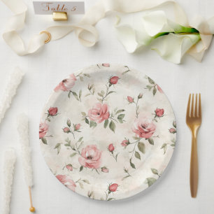 Ivory Blush Pink Roses Floral Bridal Shower Paper Plate