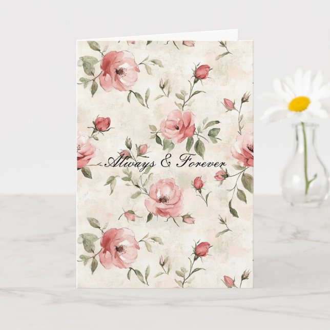 Ivory Blush Pink Roses Floral Forever Love Card (Small Plant)