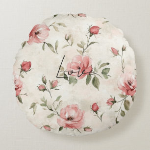 Ivory Blush Pink Roses Floral   Round Cushion