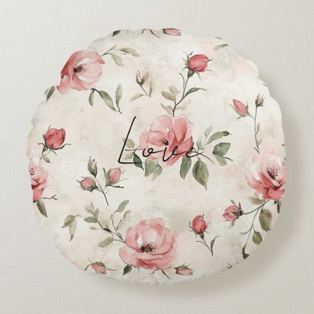 Ivory Blush Pink Roses Floral   Round Cushion (Front)