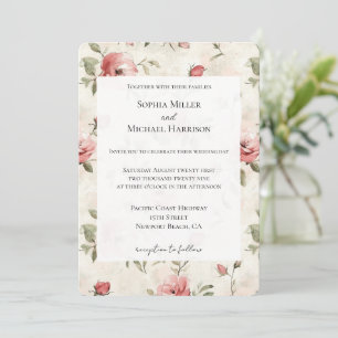Ivory Blush Pink Roses Floral Wedding Invitation