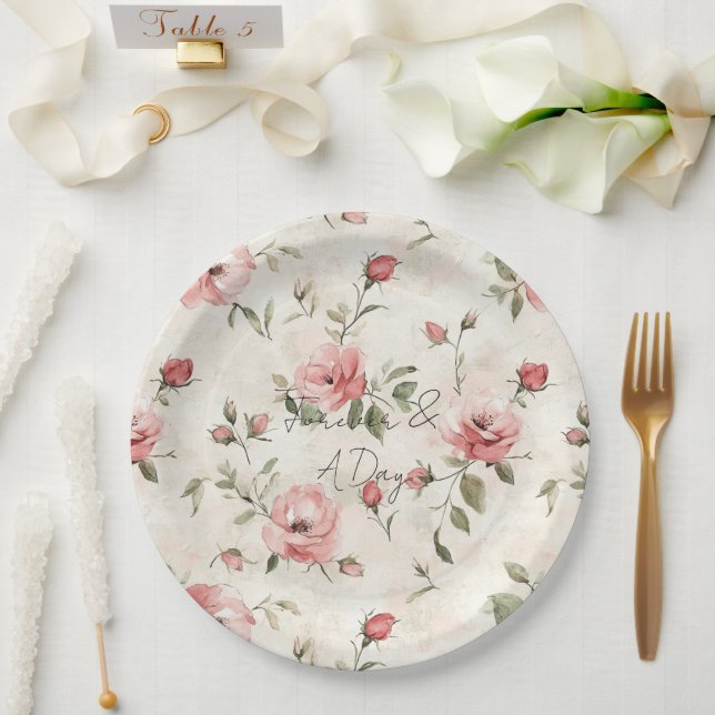 Ivory Blush Pink Roses Floral Wedding Paper Plate (Wedding)