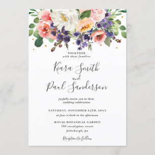Ivory Blush Purple Peach Floral Greenery Wedding Invitation