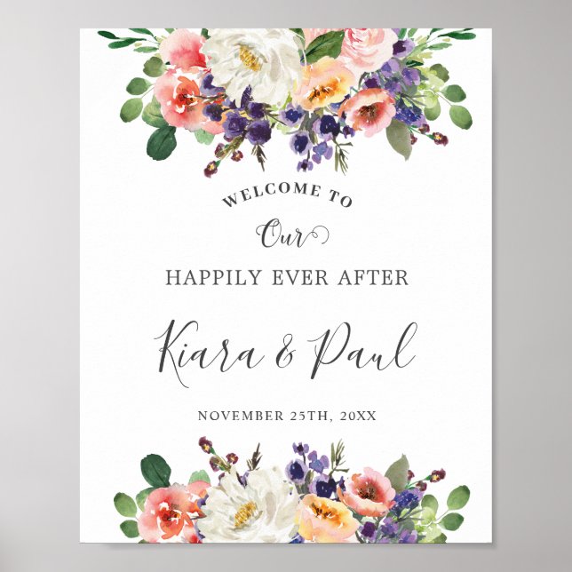Ivory Blush Purple Peach Floral Greenery Wedding  Poster (Front)