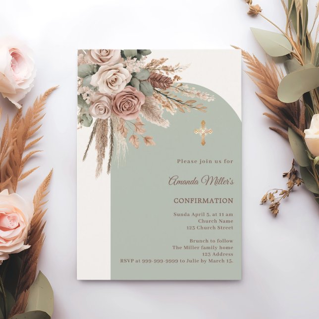 Ivory blush roses sage green arch Confirmation Invitation (Creator Uploaded)