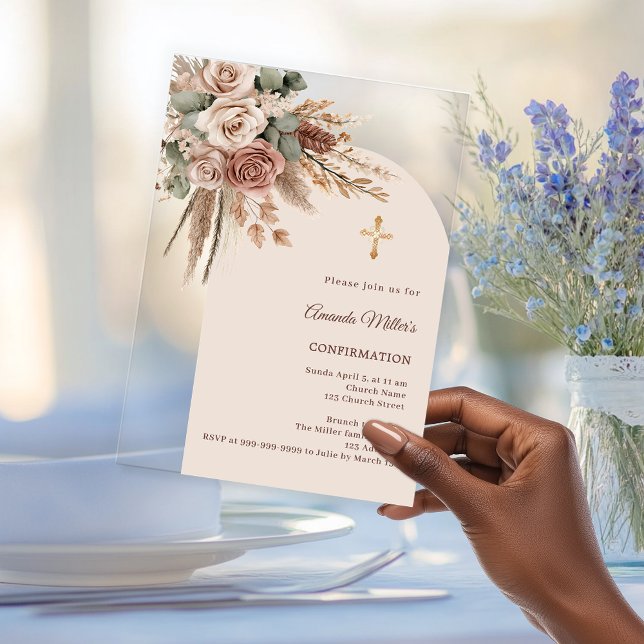 Ivory blush taupe roses pampas arch Confirmation Acrylic Invitations (Creator Uploaded)