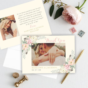 Ivory Boho Floral Feather Wedding Photo Thank You Card