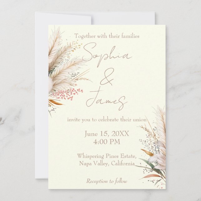 Ivory Boho Pampas Grass Wedding Invitation (Front)