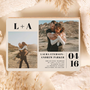 Ivory bold  minimalist initials 2 photos wedding invitation