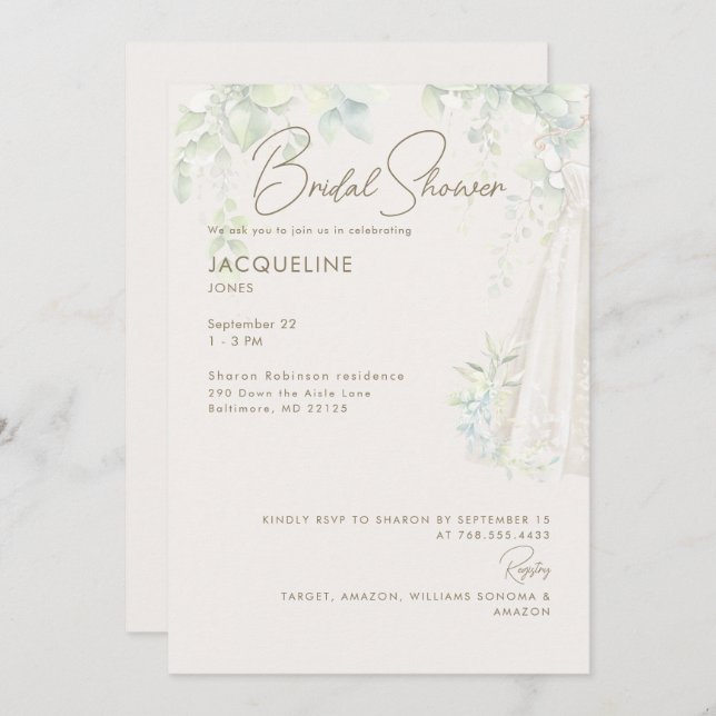 Ivory Botanical Wedding Dress Bridal Shower  Invitation (Front/Back)