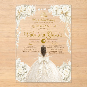 Ivory Bow Floral Quinceañera Sweet 16th Birthday Acrylic Invitations