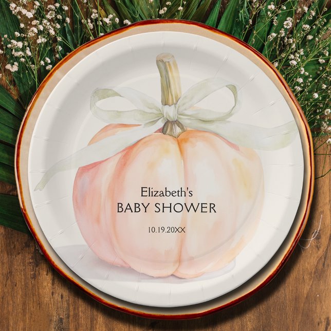 Ivory Bow Little Pumpkin Baby Shower Paper Plate (Ivory Bow Little Pumpkin Gender Neutral Baby Shower Paper Plates)